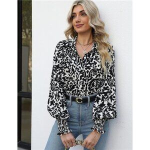 Black Damask Print Button Up Long Lantern‎ Sleeve Dressy Top Blouse Shirt